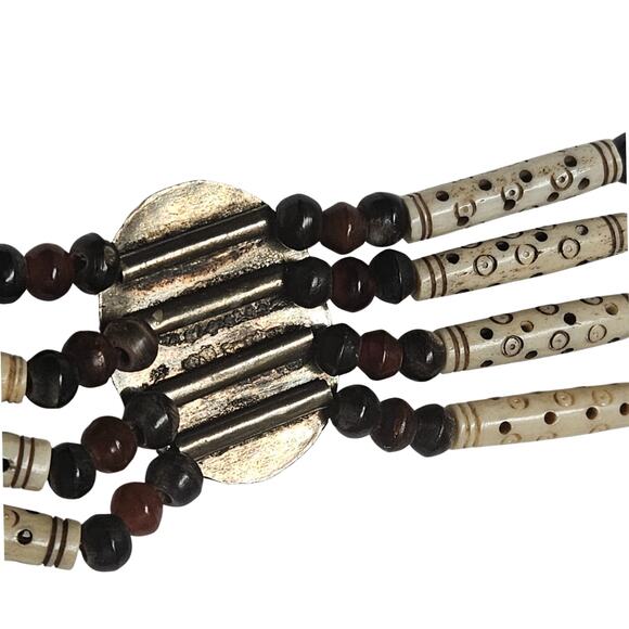 Natural Stone Bohemian Cabachon Concha Belt Carved Bone Beads Four Strands Small - Picture 5 of 12